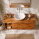 Floating Solid Wood Bathroom Vanity with Open Shelves & Hinged Cabinets | Wall Mounted Bathroom Vanity with Double-Door Storage TT006-4CCT8FL