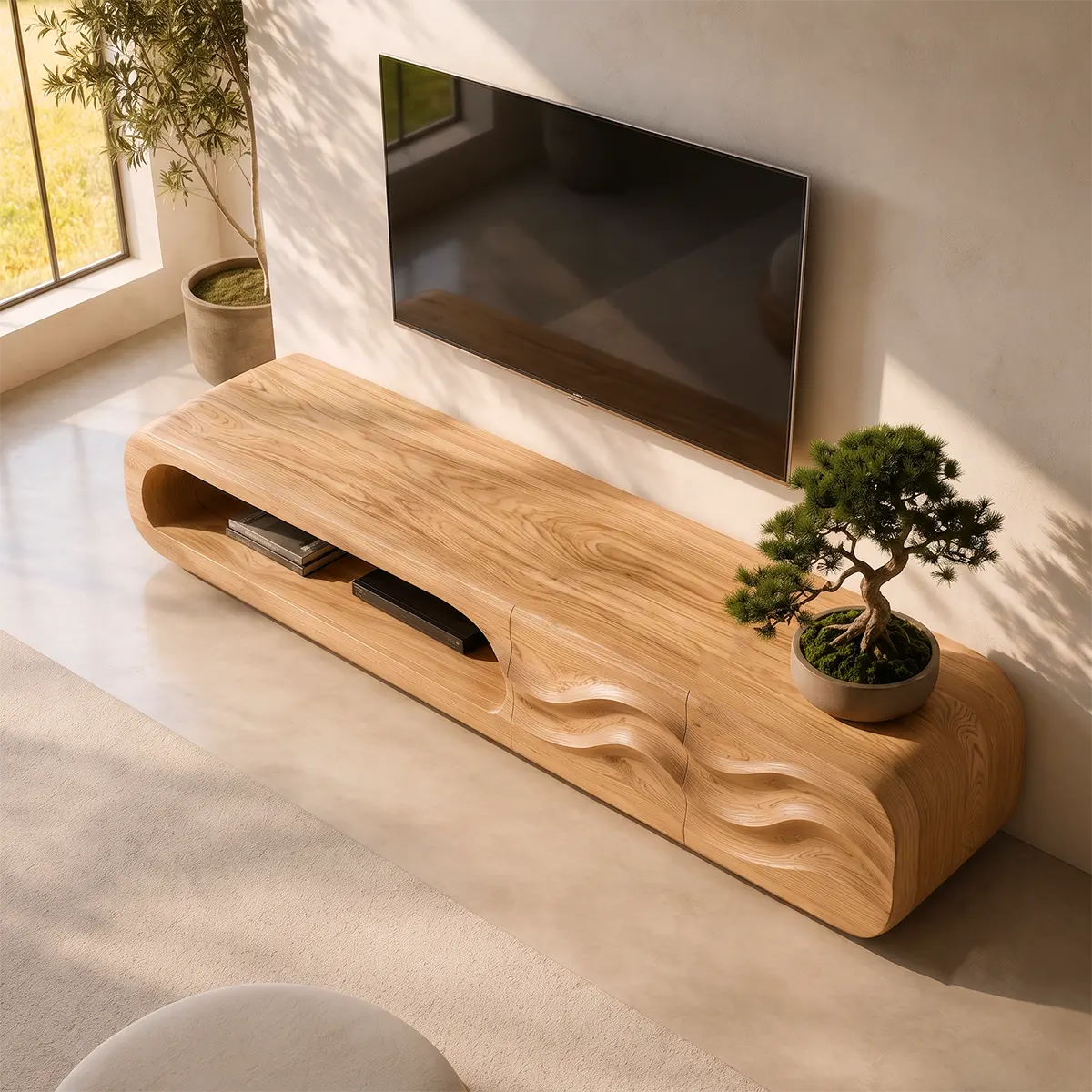 Organic Modern TV Stand with Open Shelf & Two Sculpted Storage Cabinets TT006-8YEU8CV