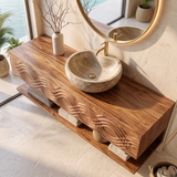 Floating Bathroom Vanity with 3 Drawers & Open Shelf | Carved Wave Front Modern Design