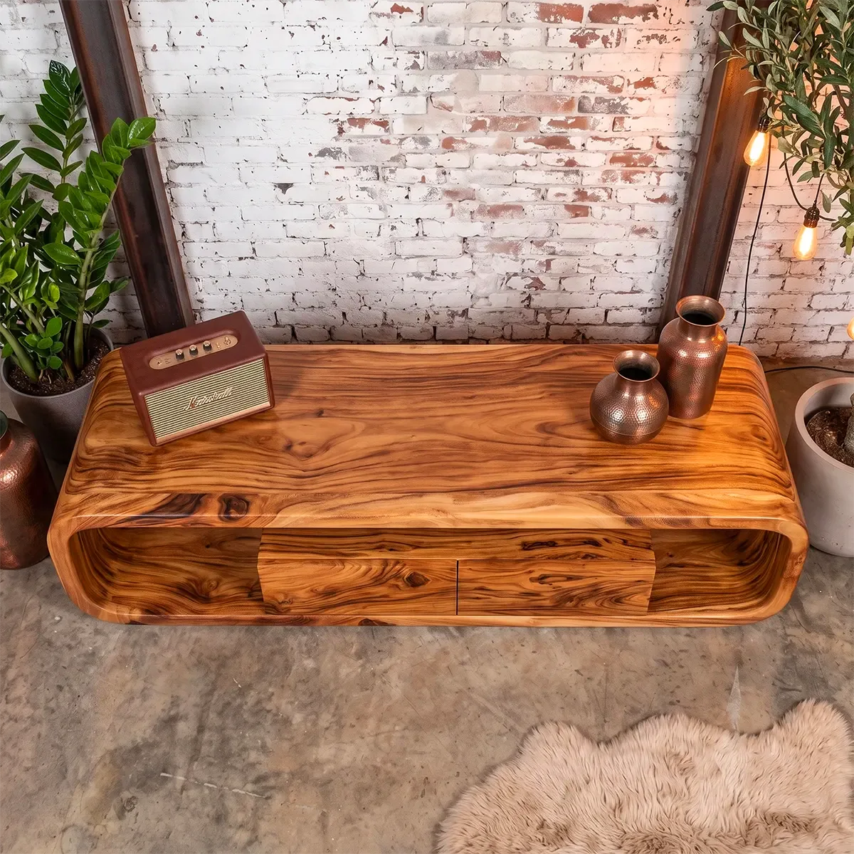 Modern Curved TV Stand with 2 Drawers & Open Storage | Low Profile Media Console