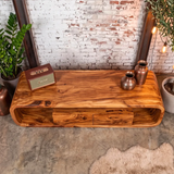 Modern Curved TV Stand with 2 Drawers & Open Storage | Low Profile Media Console
