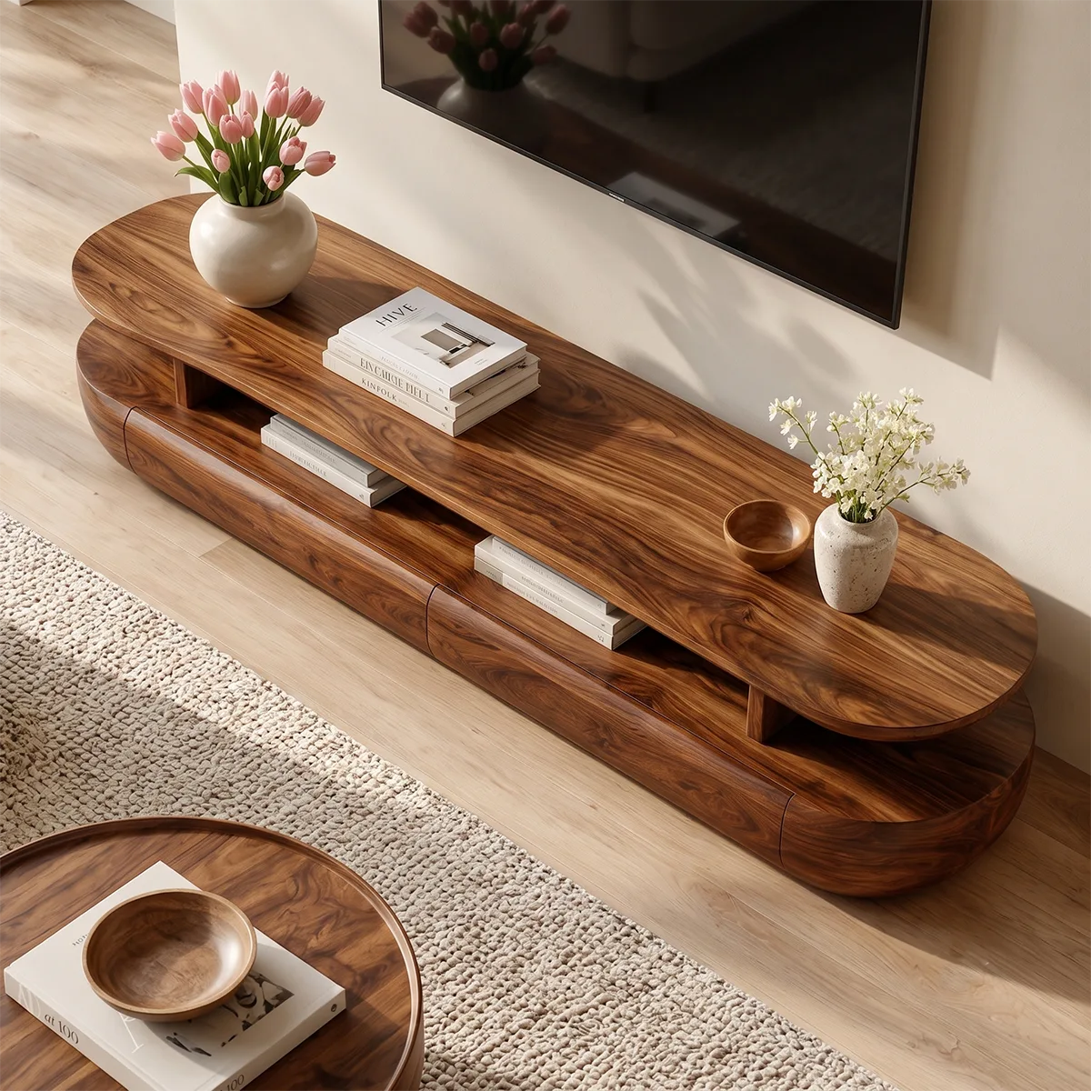 Organic Modern TV Stand with Open Shelf & 2 Drawers | Modern Media Console TT006-1JRE9PZ