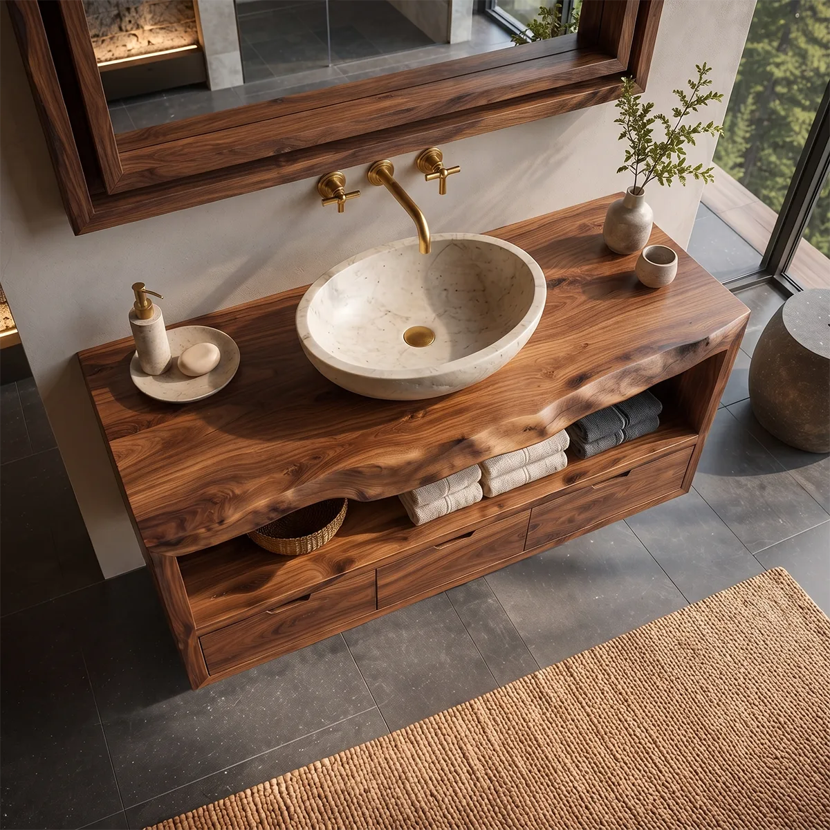 Floating Solid Wood Bathroom Vanity | Live Edge Bathroom Vanity with Three Soft-Close Drawers and Open Shelf TT006-3KMK1JL