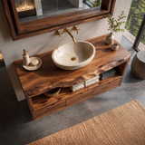 Floating Solid Wood Bathroom Vanity | Live Edge Bathroom Vanity with Three Soft-Close Drawers and Open Shelf TT006-3KMK1JL