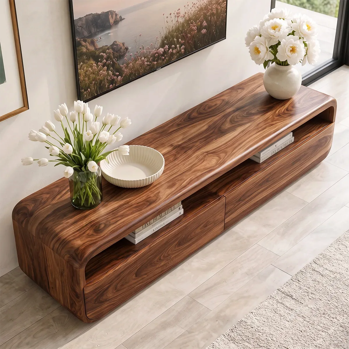 Modern TV Stand with Open Shelf & 2 Large Drawers | Minimalist Media Console TT006-2PMS8ZG