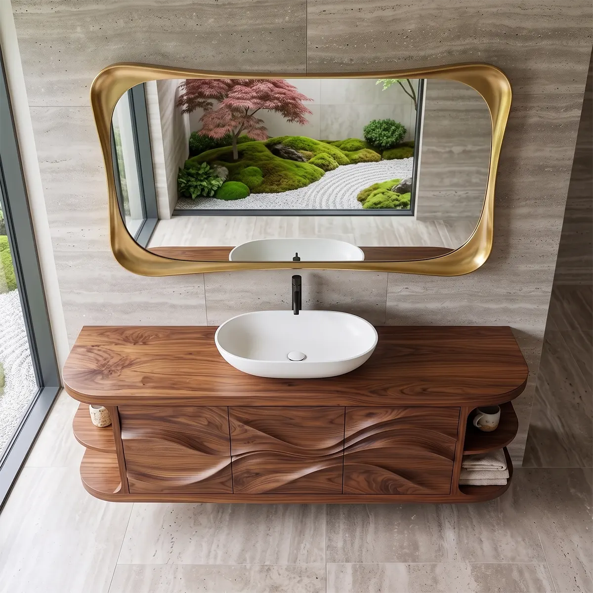 Modern Floating Bathroom Vanity with Wave Carved Doors & Open Shelves | Solid Wood Wall Mounted Bathroom Vanity TT006-8NEC3KF