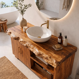 Freestanding Bathroom Vanity with 2 Doors & Open Shelves | Live Edge Vanity Cabinet with Storage