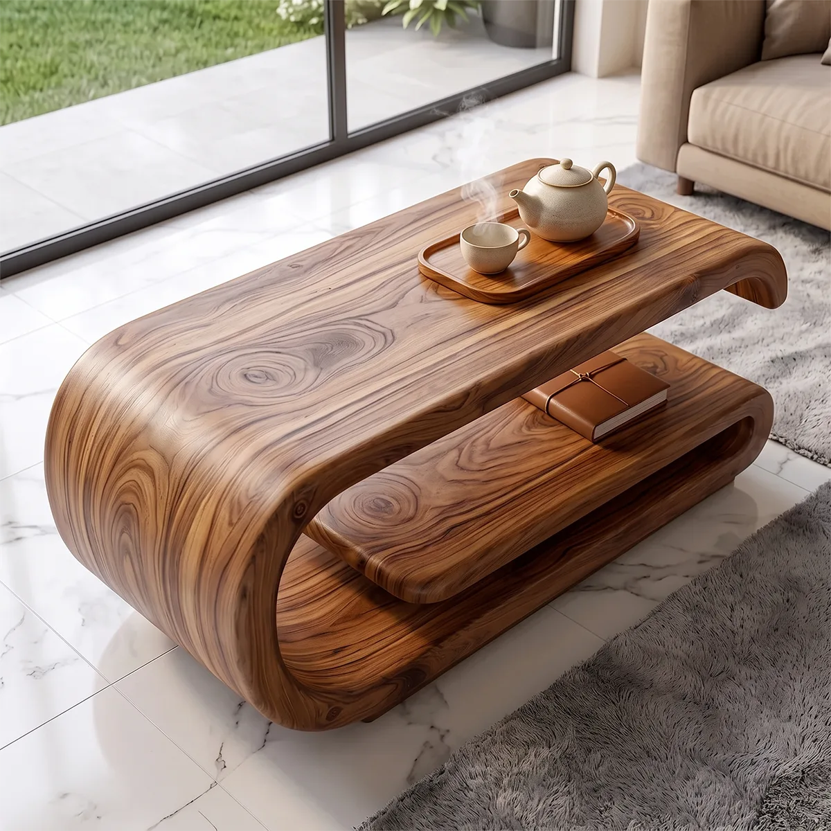 Modern Waterfall Coffee Table with Open Shelf | Contemporary Curved Center Table for Living Room TH003-6318