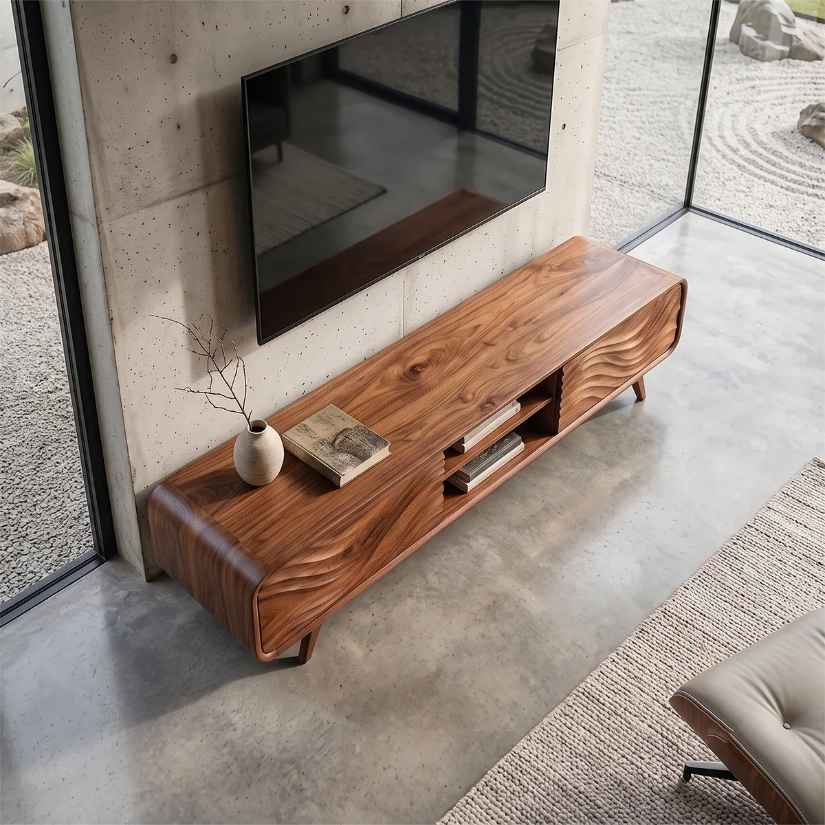 Wave Carved TV Stand with Cabinets & Open Shelves | Modern Media Console TH003-5DZA7TF