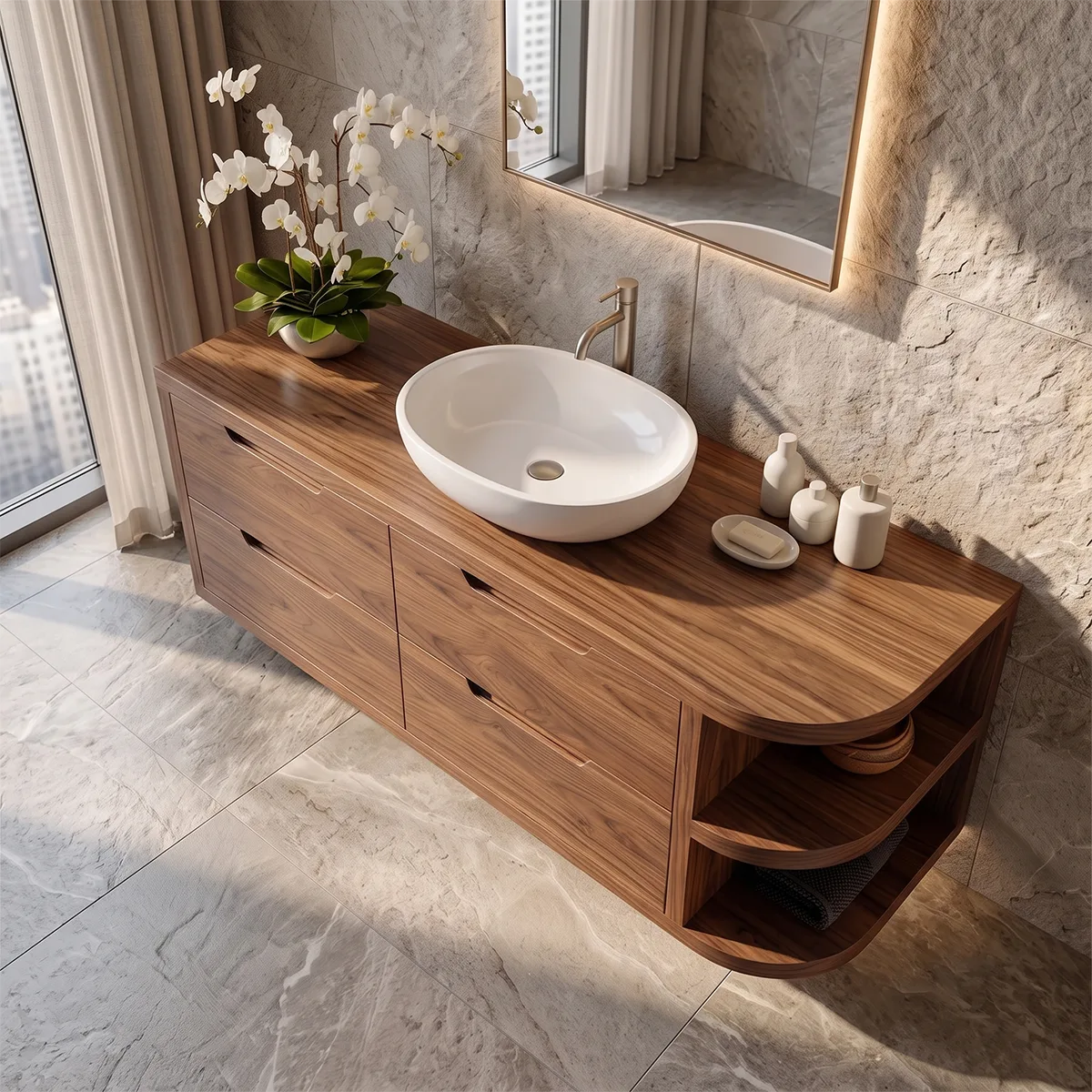 Floating Bathroom Vanity with 4 Drawers & Open Shelves | Modern Wall Mounted Vanity