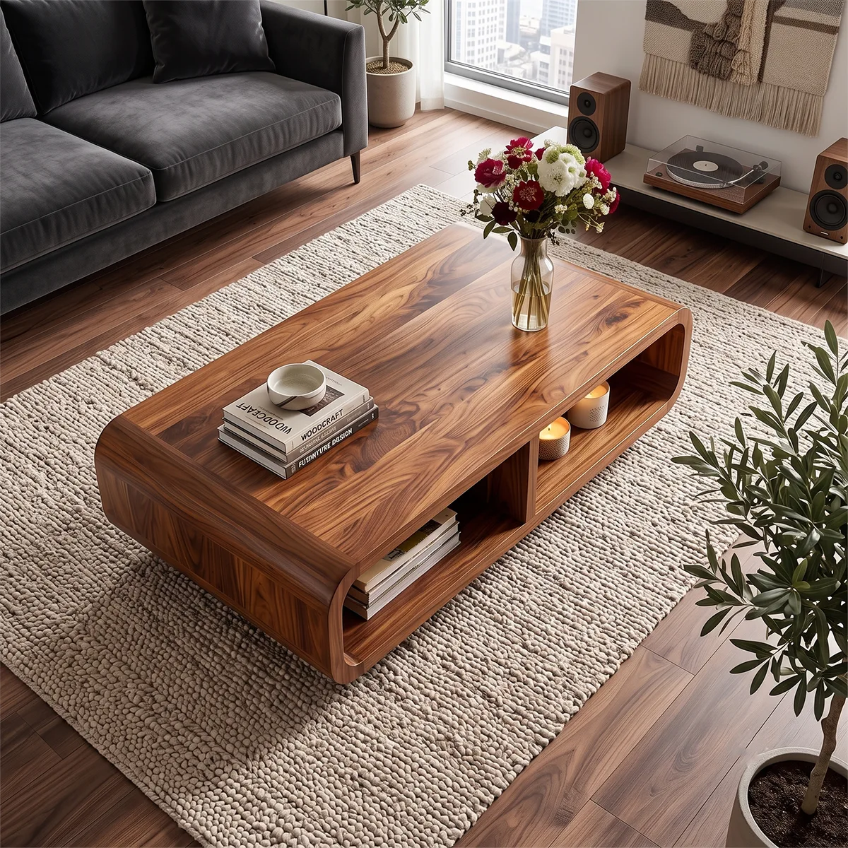 Modern Rectangular Coffee Table with Open Shelf | Rounded Edge Living Room Center Table