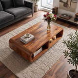 Modern Rectangular Coffee Table with Open Shelf | Rounded Edge Living Room Center Table