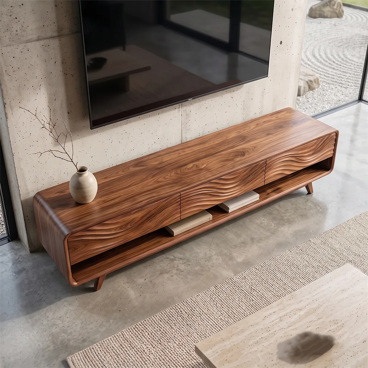 Wave Carved TV Stand with 3 Drawers & Open Shelf | Modern Media Console TH003-7KHK3MC