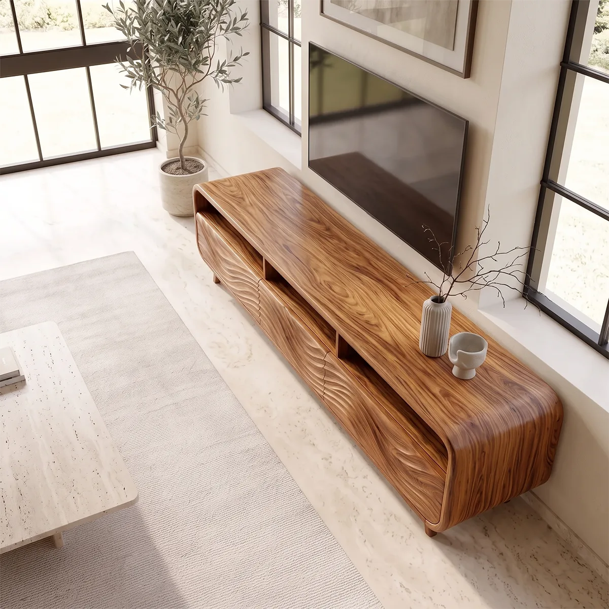 Wave Carved TV Stand with 3 Drawers & Open Shelves | Modern Media Console TH003-5GTN4YH