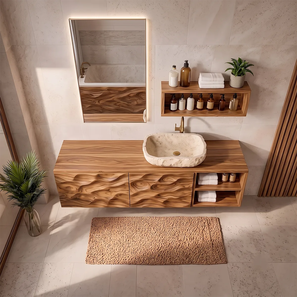 Floating Bathroom Vanity with Sculptural Cabinets & Open Side Shelves | Modern Vanity Cabinet TH003-4JYP9HL