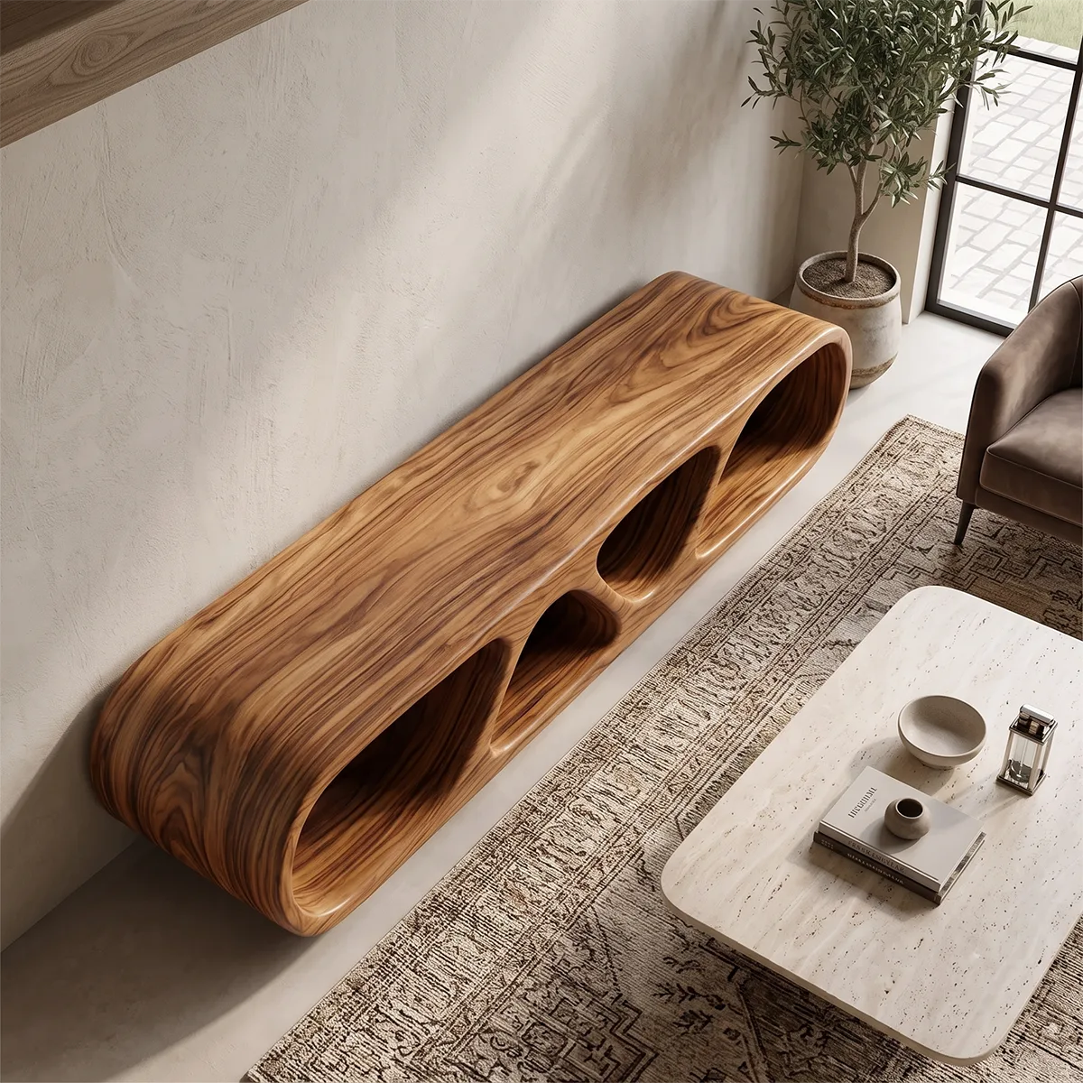 Sculptural TV Stand with Open Shelves | Organic Modern Media Console TH003-5RAR7KU