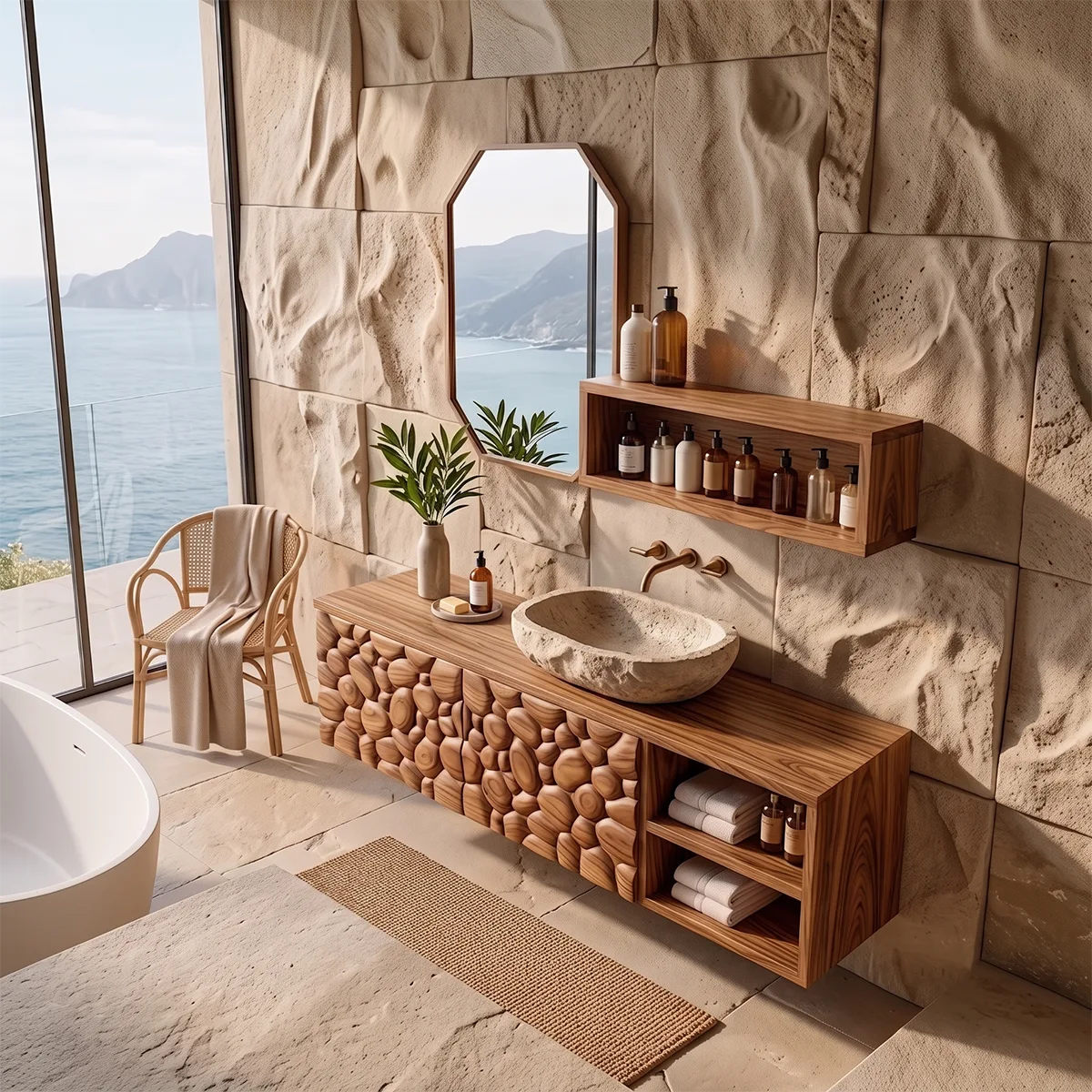 Floating Bathroom Vanity with Pebble Carved Doors & Open Side Shelves TH003-6VHK3DD