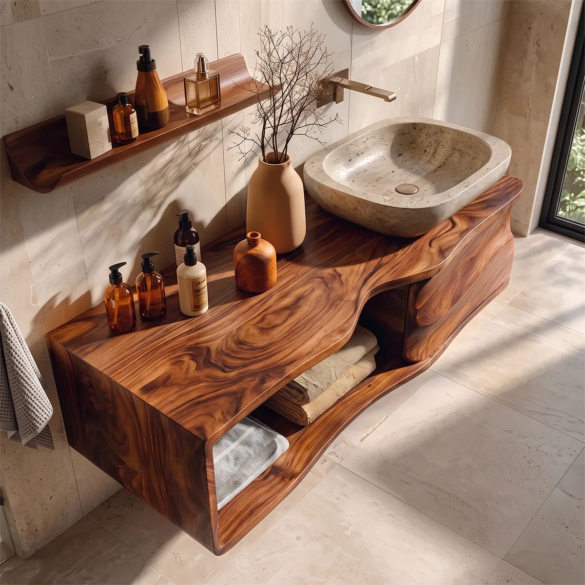Floating Bathroom Vanity with Sculpted Cabinet & Open Shelf | Modern Wall Mounted Vanity