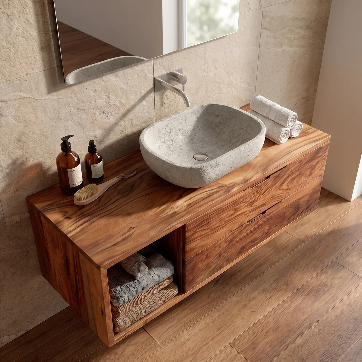 Floating Bathroom Vanity with 2 Drawers & Open Shelf | Modern Wall Mounted Vanity