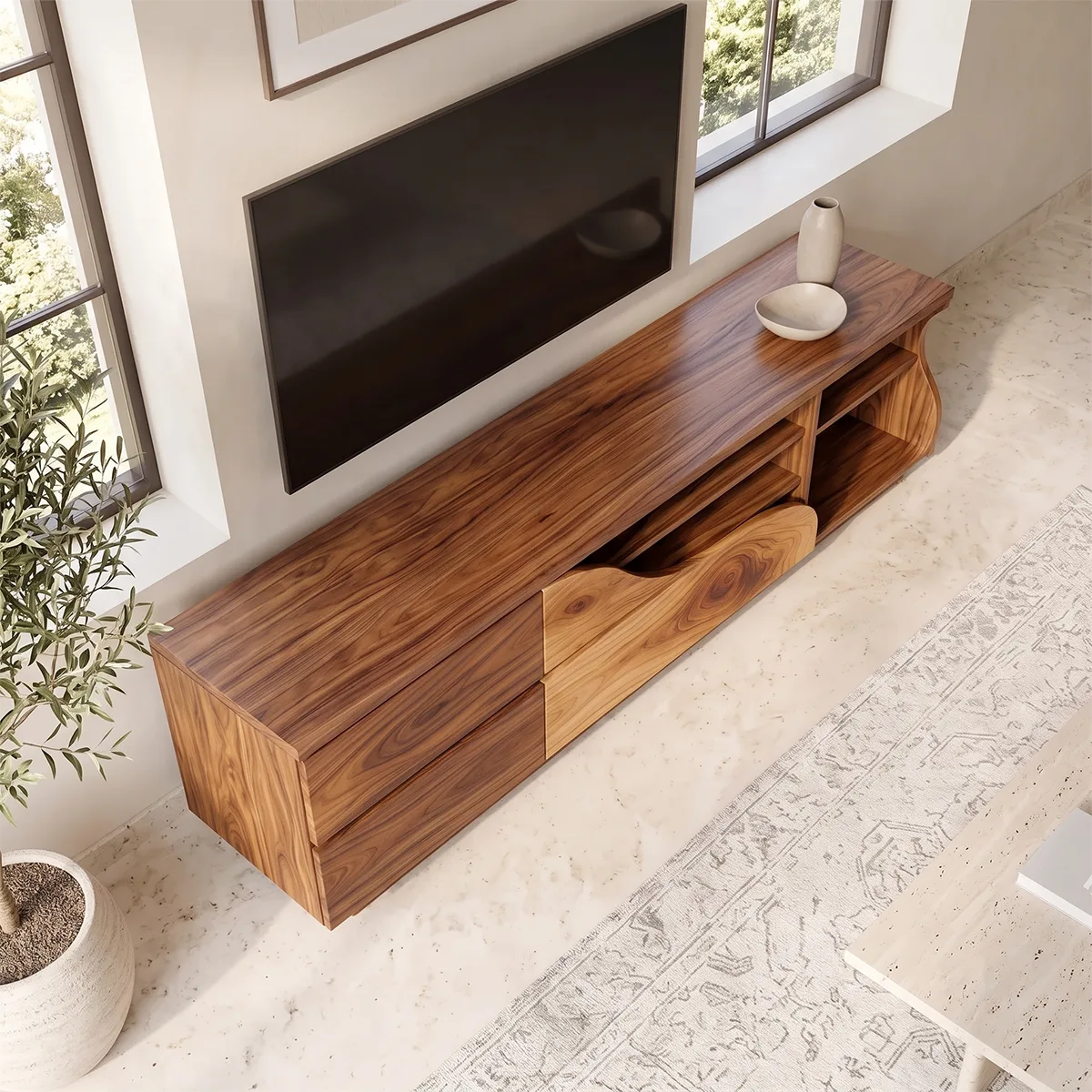 Asymmetrical TV Stand with Drawers & Open Shelves | Sculptural Media Console TH003-7SZG2XE