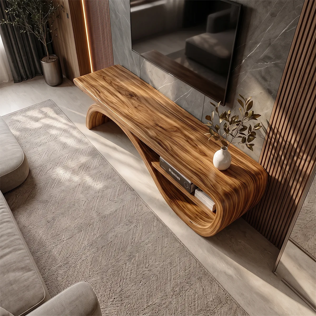 Organic Modern Sculptural TV Stand with Curved Open Shelf | Designer Media Console TH003-9FXK3JC