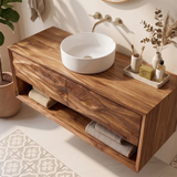 Floating Bathroom Vanity with 2 Sculpted Wave Drawers & Large Open Storage Shelf