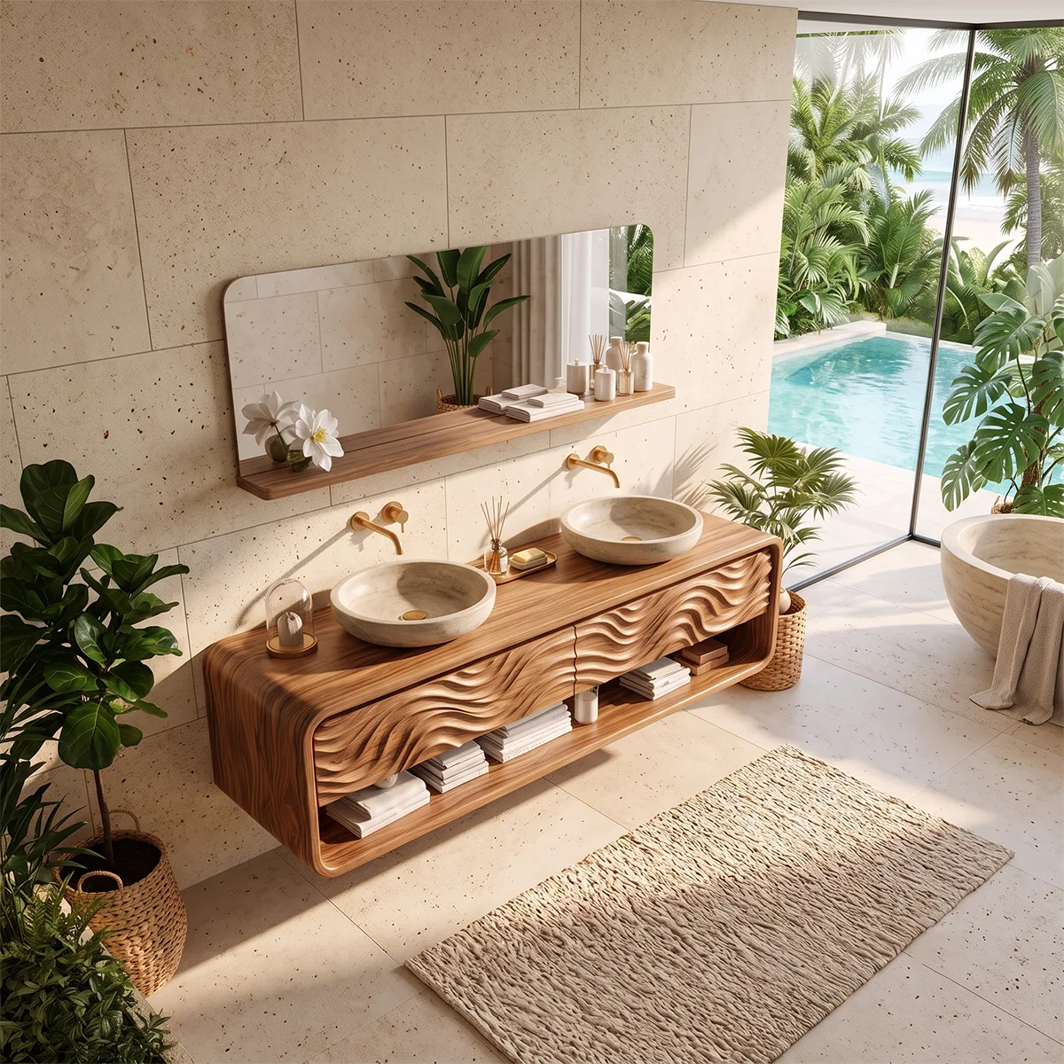 Modern Floating Bathroom Vanity with Drawers & Open Shelf | Wall-Mounted Vanity with Rounded Waterfall Design TH003-4NBY6SF