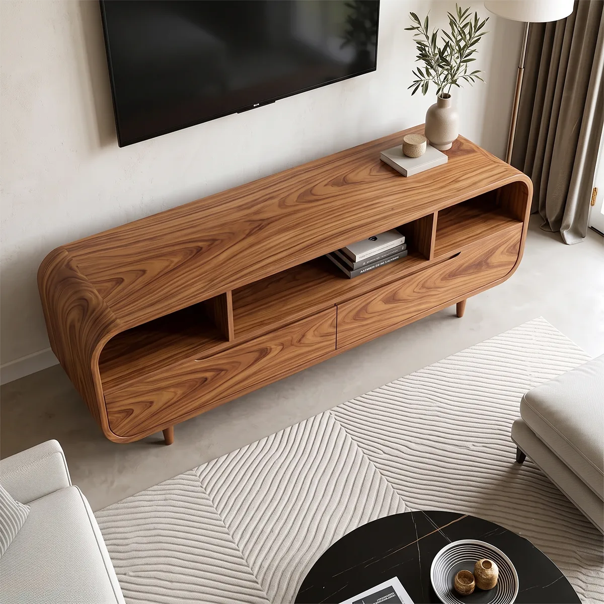 Modern TV Stand with 2 Drawers & Open Storage | Rounded Media Console TH003-5IKK5IP