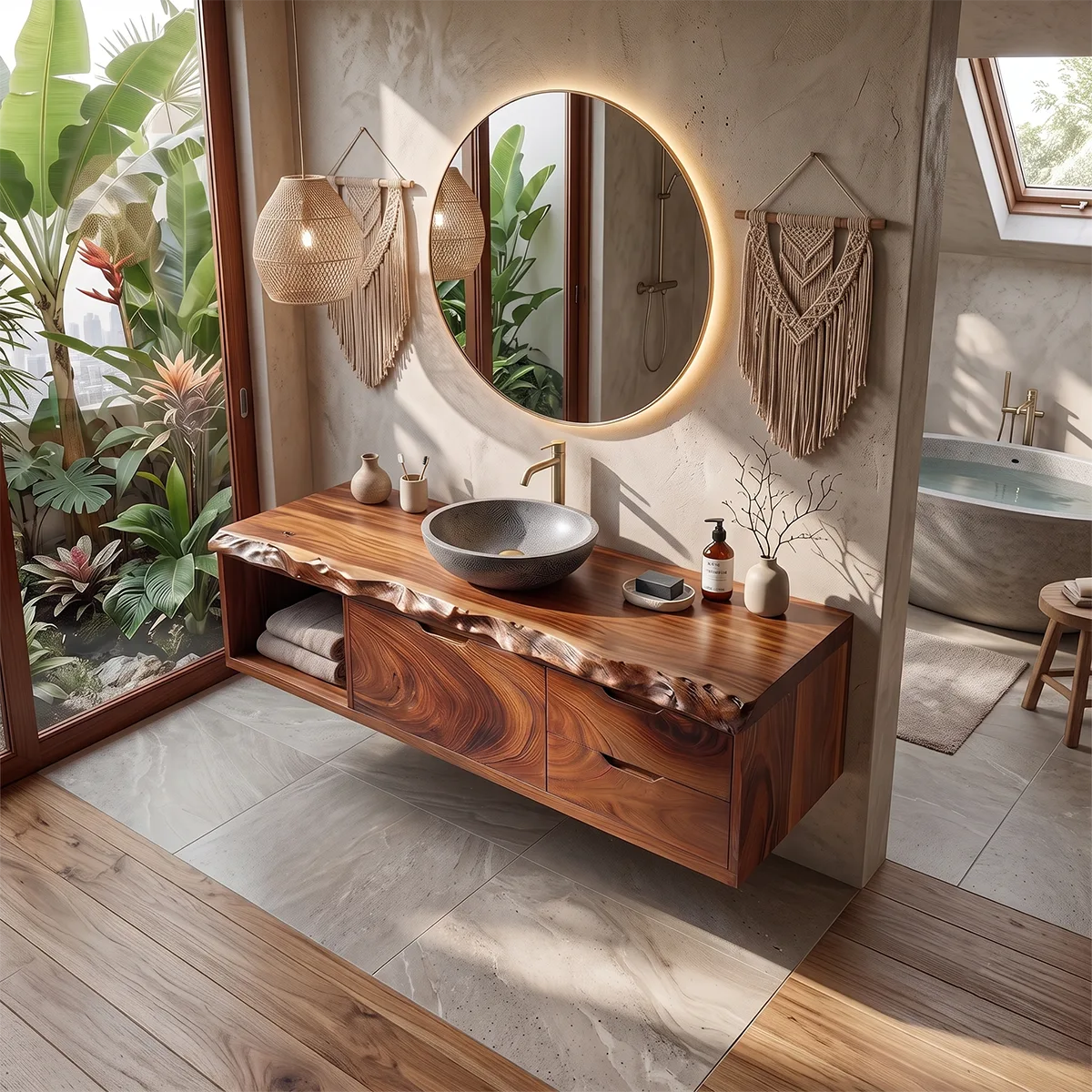 Floating Bathroom Vanity with Cabinet, Two Drawers & Open Shelf | Modern Live Edge Bathroom Vanity TH003-4SBL5MC