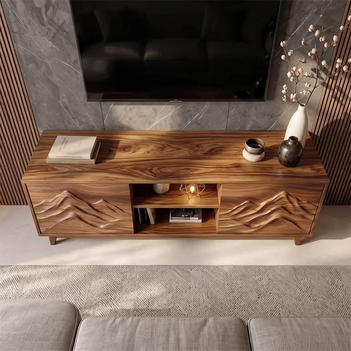 Carved Mountain TV Stand with 4 Cabinets | Modern Media Console TH003-4VZB9ZR
