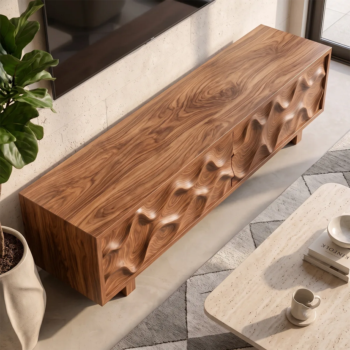 Wave Carved TV Stand with 2 Cabinets | Sculptural Media Console TH003-1TEX5BM