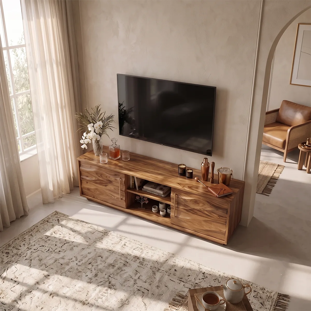 Wave Carved TV Stand with 2 Cabinets & Open Shelves | Media Console TH003-6UCU1VC