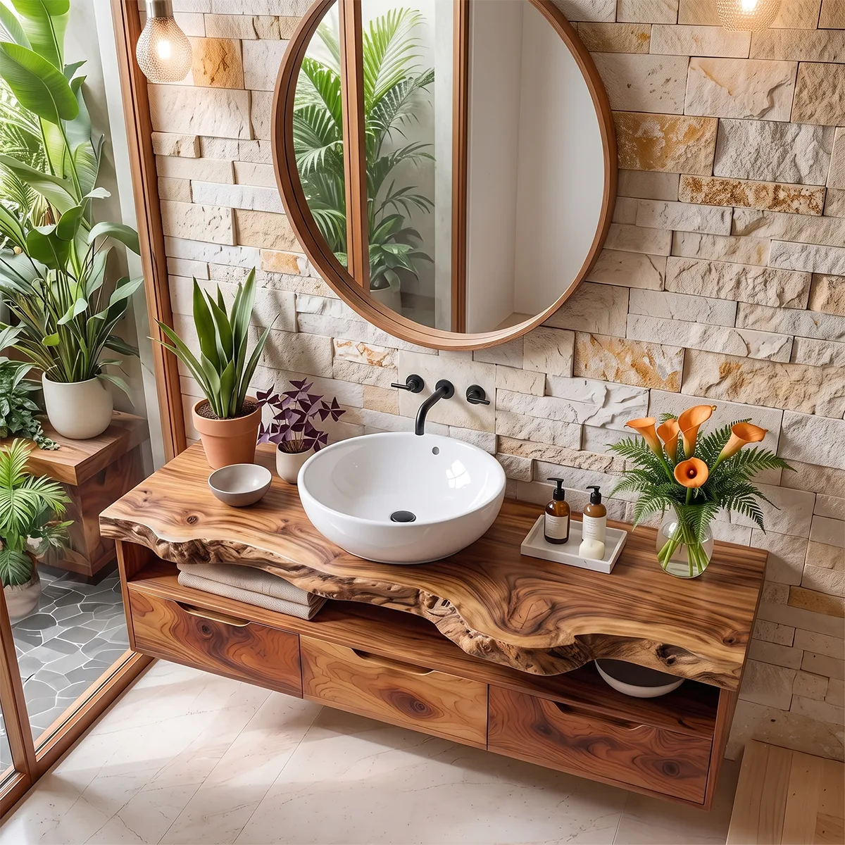 Organic Live Edge Floating Bathroom Vanity with Open Shelf & Drawers TH003-7JMQ3EG