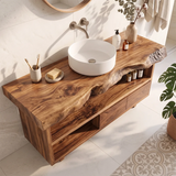 Live Edge Bathroom Vanity with Open Shelf & Drawers | Modern Organic Bathroom Cabinet