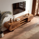 Curved 2-Door TV Stand with Open Shelves | Sculptural Modern Media Console