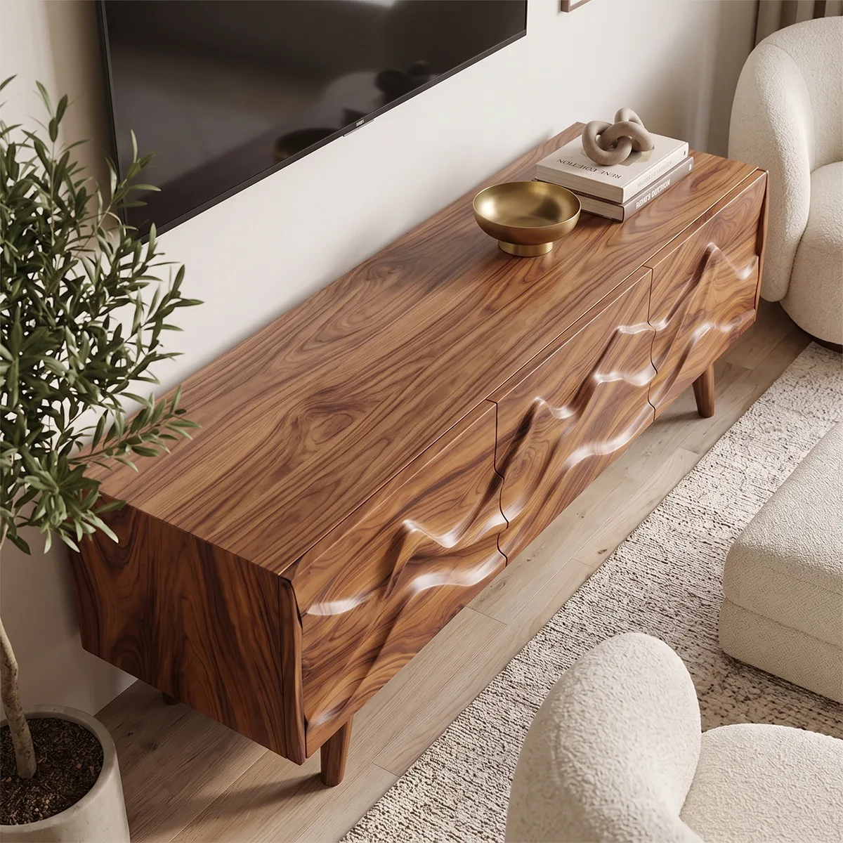 Mountain Relief TV Stand with Dual Cabinets & Center Drawer | Modern Media Console TH003-4KCH4LO