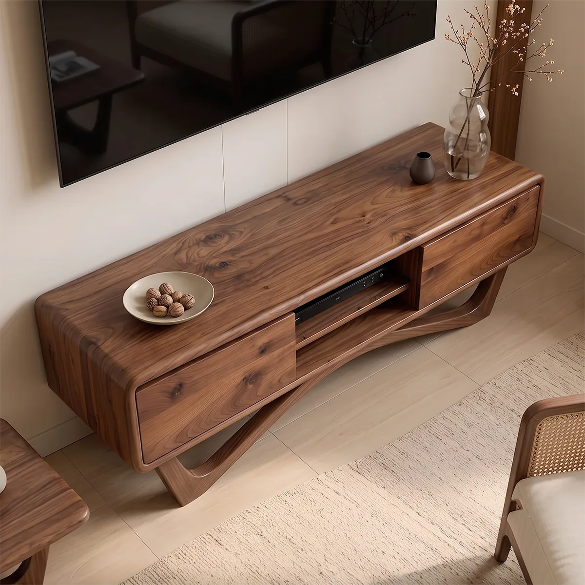 Modern TV Stand with 2 Cabinets & Open Shelves | Sculptural Media Console