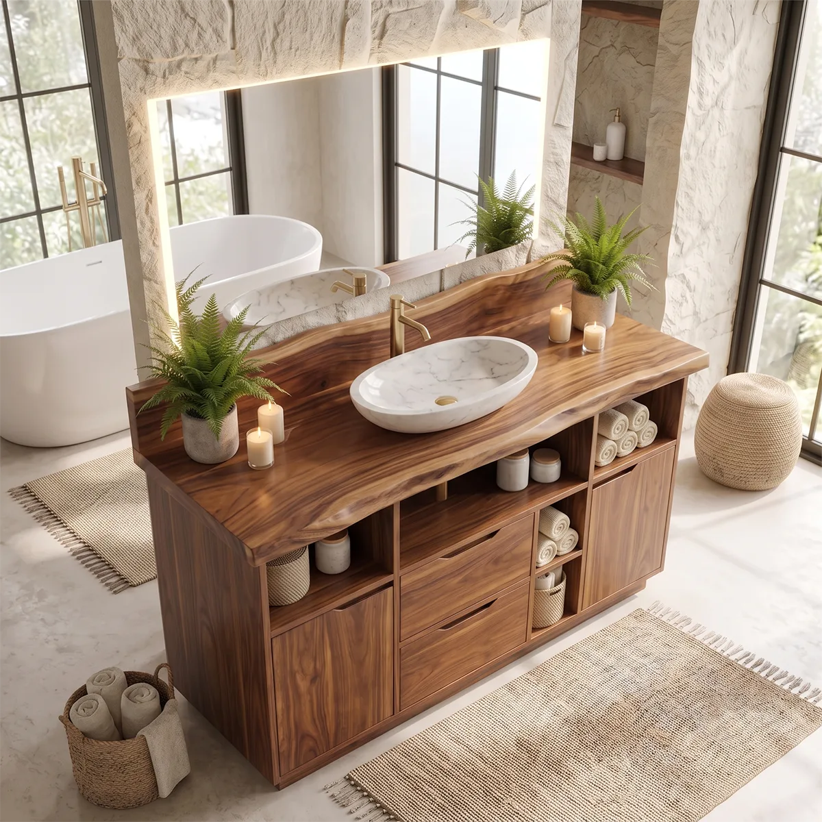 Freestanding Live Edge Bathroom Vanity with Drawers, Cabinets & Open Storage | Modern Wood Vanity