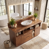 Freestanding Live Edge Bathroom Vanity with Drawers, Cabinets & Open Storage | Modern Wood Vanity