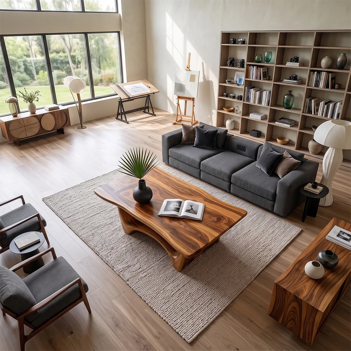 Organic Live Edge Coffee Table | Sculptural Waterfall Base Modern Living Room Table