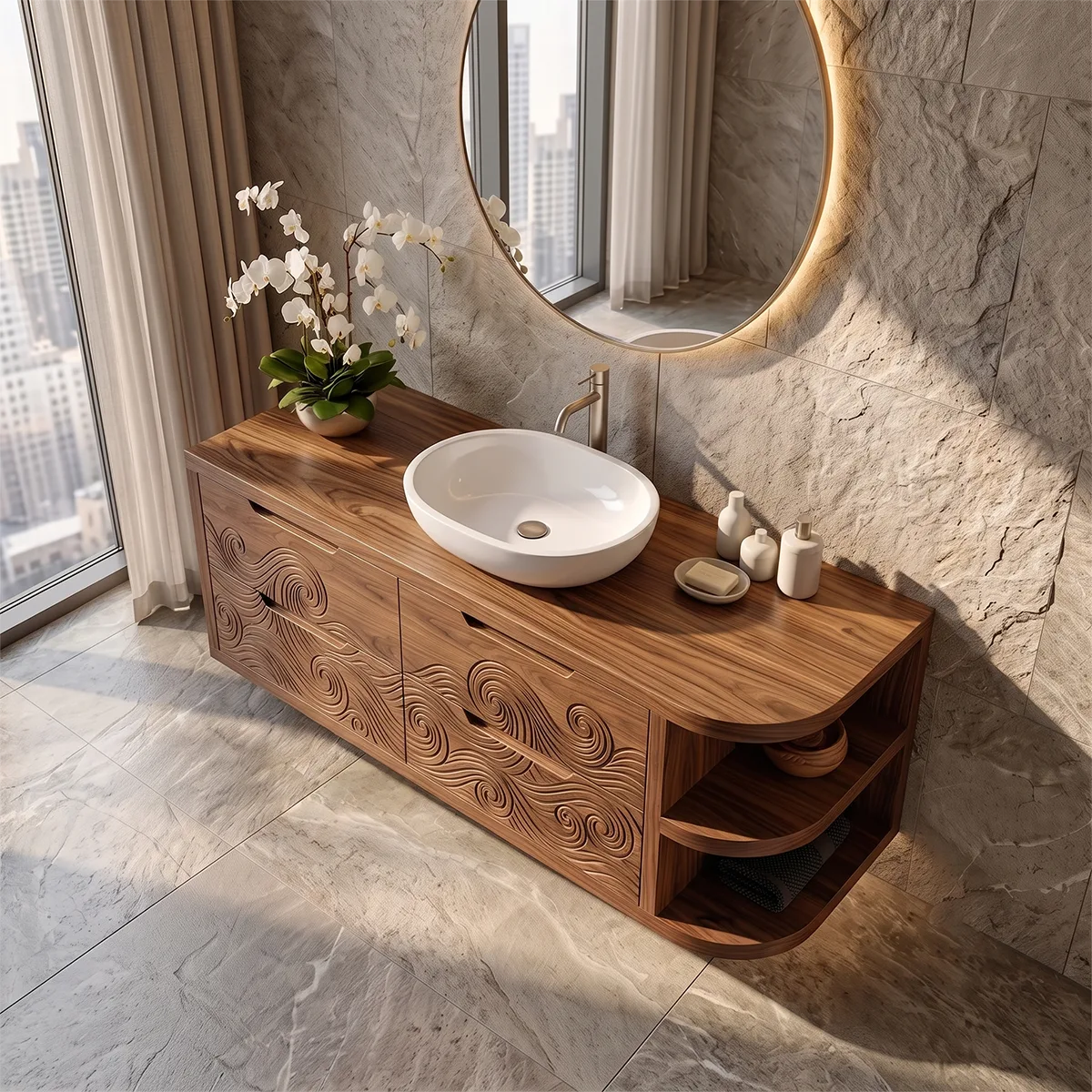 Floating Bathroom Vanity with Carved Wave Drawers & Curved Open Shelves | Modern Wall Mounted Vanity