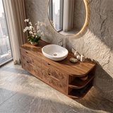 Floating Bathroom Vanity with Carved Wave Drawers & Curved Open Shelves | Modern Wall Mounted Vanity