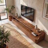Modern Low Profile TV Stand with 2 Drawers & Open Media Shelves