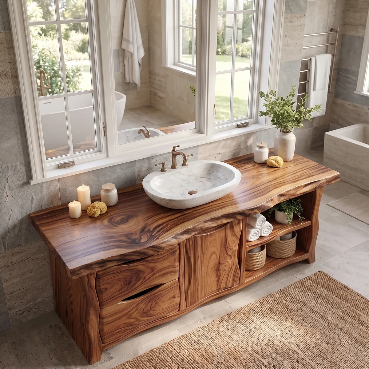 Live Edge Bathroom Vanity with Drawers, Cabinet & Open Shelves | Freestanding Rustic Modern Vanity