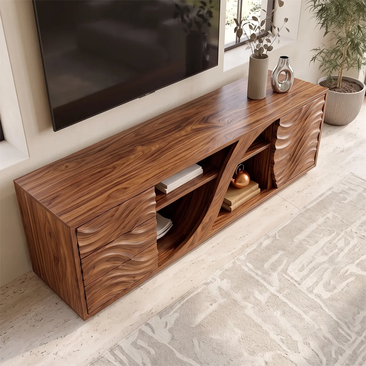 Wave Carved TV Stand with Drawers & Cabinet | Sculptural Media Console TH003-4MXF2YH