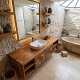 Floating Bathroom Vanity with Wave Carved Doors & Open Shelves | Modern Wall Mounted Vanity