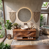 Floating Bathroom Vanity with Sculpted Wave Doors & Open Shelf | Modern Solid Wood Vanity TH003-9MII5QN