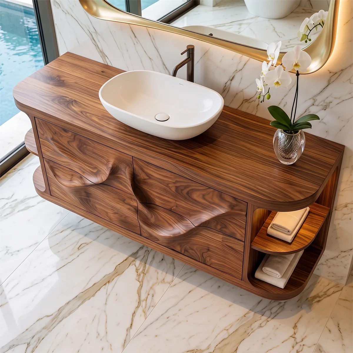 Sculptural Floating Bathroom Vanity with Artistic Wave Front & Open Side Shelves
