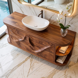 Sculptural Floating Bathroom Vanity with Artistic Wave Front & Open Side Shelves