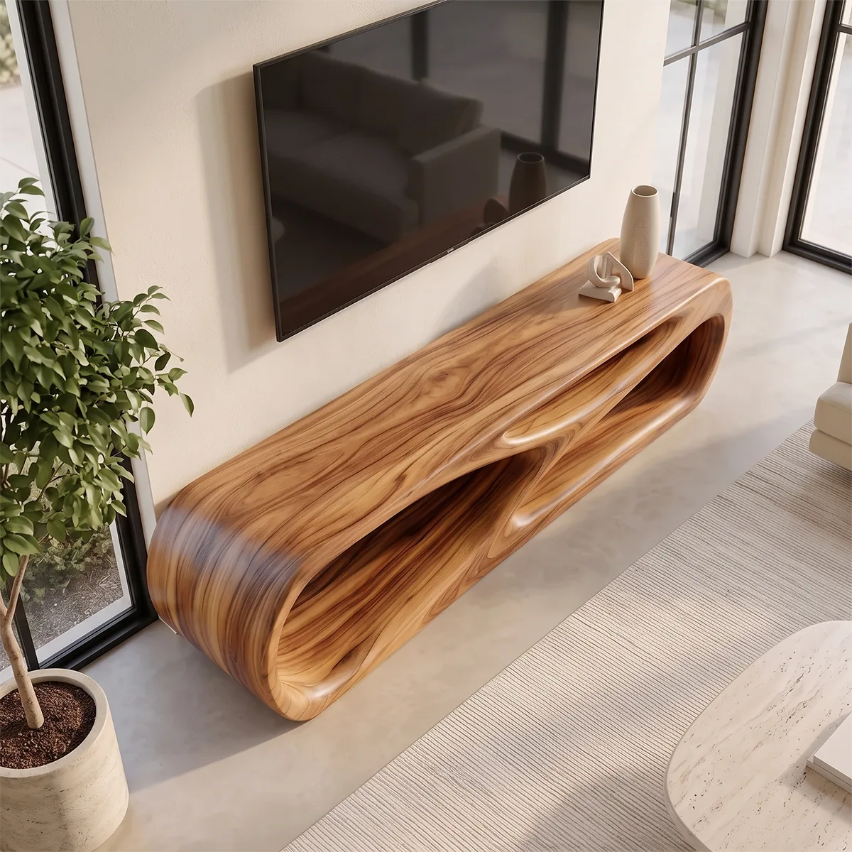 Sculptural TV Stand with Curved Open Shelves | Modern Media Console TH003-2TDK3XA